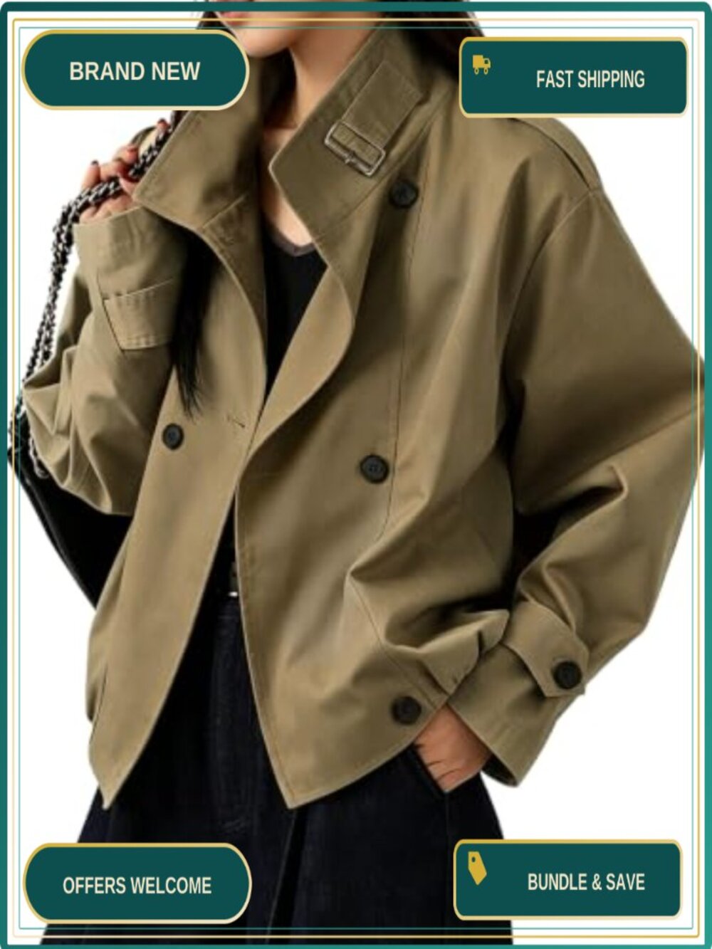 Womens Cropped Trench Coat Funnel Neck Lightweight Button Down Jacket